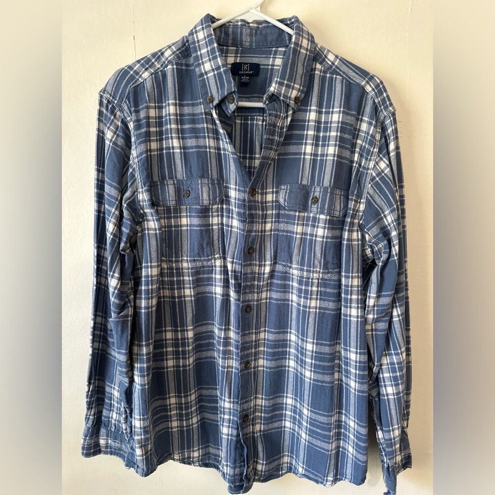 Blue & white plaid casual button down